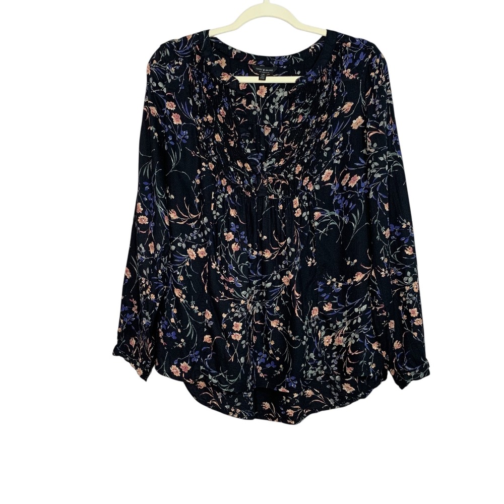 Lucky Brand Floral Print Long‎ Sleeve Blouse Top Black Multicolor Large